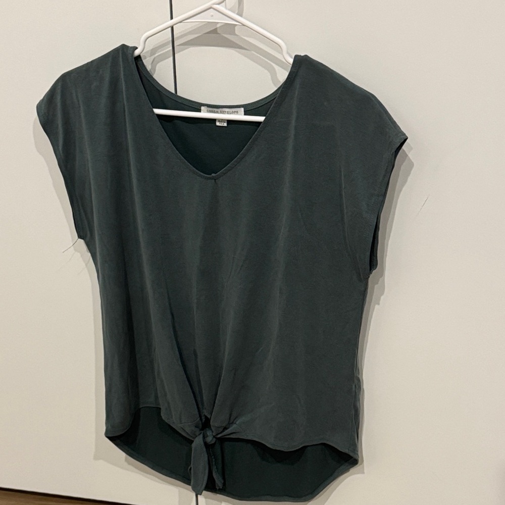 Dark Slate Green Short-Sleeve Tie-Front Top